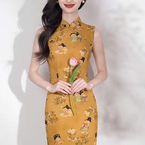 vintage cheongsam dress, Chinese figure print qipao, gift for mom, oriental retro dress,Qipao Dress Tea Ceremony,Vintage 1920&#39;s Shanghai