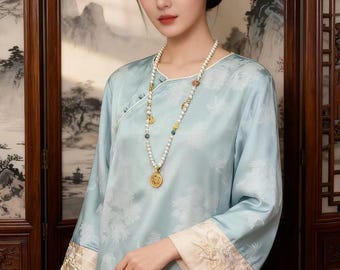 Silk jacquard Chinese blouse with bamboo embroidery, Autumn vintage oriental shirt with embroidered cuffs, Ethnic fashion top,Gift for her