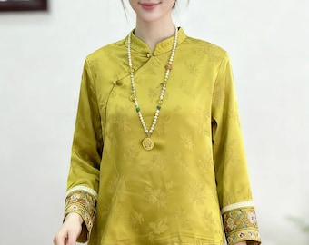 Moderne Qipao-Bluse, orientalisches Hemd mit Stehkragen, minimalistische Bluse im französischen Stil, Cheongsam-Hemd aus Tencel, Geschenkidee für Sie