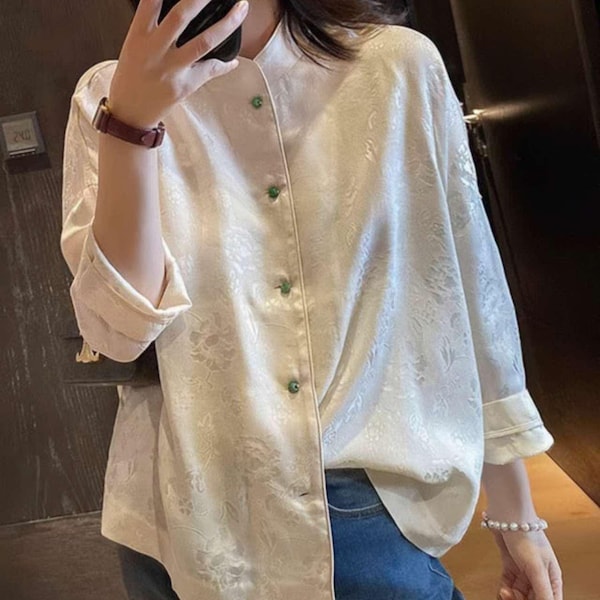 Elegant Tang Suit Shirt, Spring Summer Oriental Silk Shirt, Elegant Tang Style Blouse for Her, Asian Style Gift, Tea Ceremony Wear, Vintage
