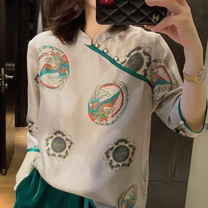 retro Tang shirt, traditional silk blouse, cultural gift for mother, luxury light Chinese top, oriental vintage shirt, artistic clothing