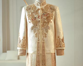 Embroidered Dragon Phoenix Wedding Robe, Chinese Silk Brocade Groom Attire,Luxury Traditional Wedding Dress, Long Sleeve Wedding Gown