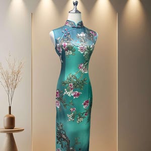 Elegant Silk Cheongsam Qipao Dress, Floral Teacery Ceremony Gown, Perfect Gift for Her, Luxury Silk Qipao, Green Floral Cheongsam