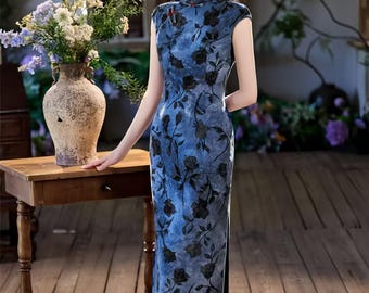 Vintage Chinese Qipao,Tie Dye Floral Cheongsam Retro Mandarin Collar Evening Gown,Elegant Asian Style Party Dress,Cultural Event Outfit,Gift