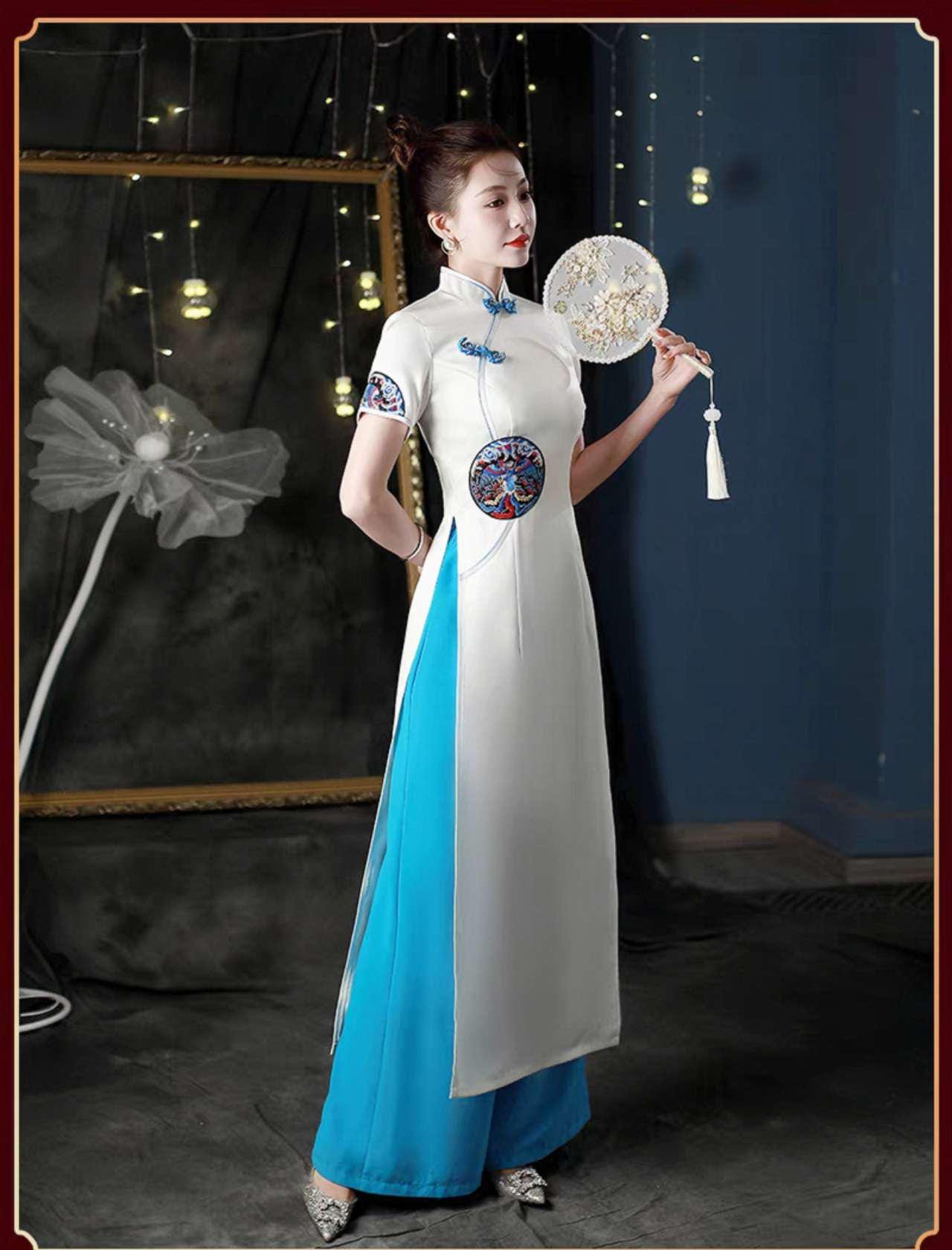 Elegant White Cheongsam, Chinese Qipao Set, Blue Panel Dress, Evening Gown, Traditional Dress,Summer Chinese Outfit, Cultural Ceremony Dress