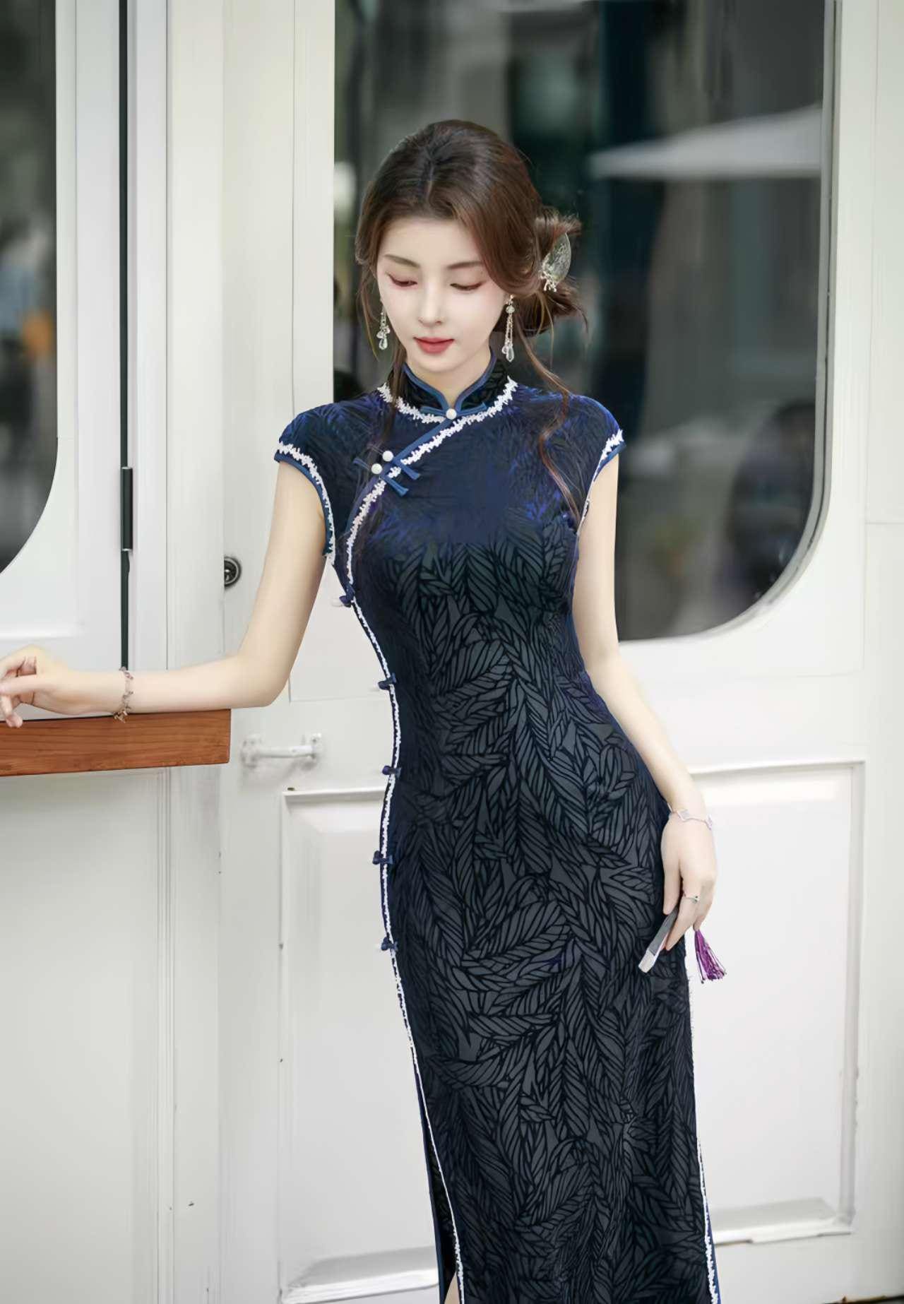 Velvet Leaf Qipao Dress, Dark Blue Chinese Cheongsam, Vintage Oriental Gown, Elegant Party Qipao, Evening Chinese Dress, Classic Retro Qipao