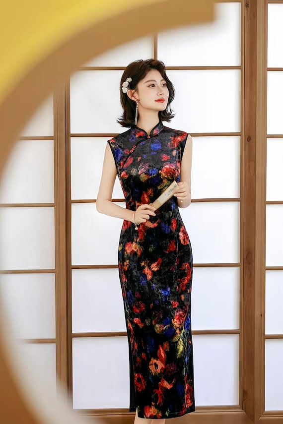 Sleeveless Velvet Qipao Dress,Black Cheongsam Evening Gown,Oil Painting Floral Chinese Dress,Artistic Oriental Style Midi Dress,Gift for her Sleeveless Velvet Qipao Dress,Black Cheongsam Evening Gown,Oil Painting Floral Chinese Dress,Artistic Oriental Style Midi Dress,Gift for her