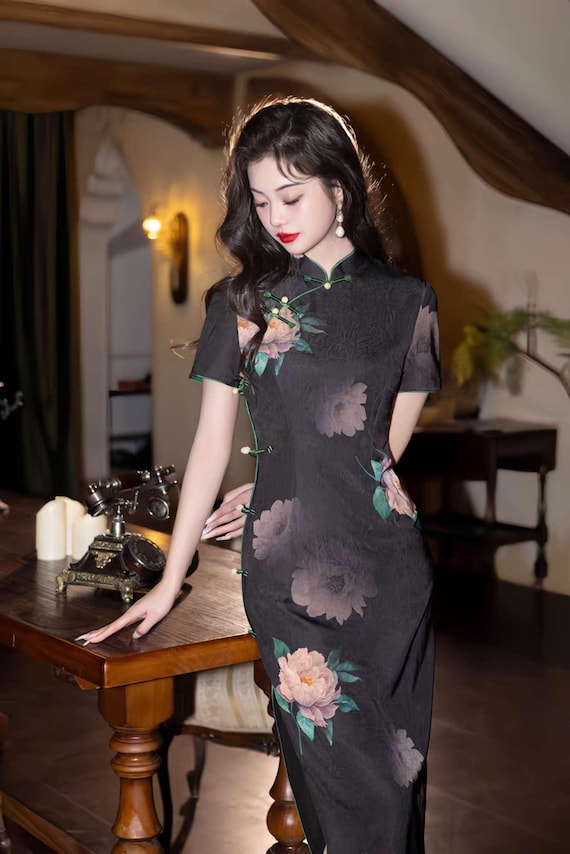 chinese print satin dress Vintage Blue Silk Qipao Dress Traditional Chinese Style