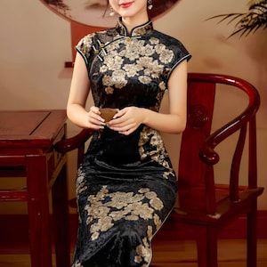 Zwarte fluwelen qipao, elegante Chinese cheongsamjurk, vintage formele oosterse jurk, Aziatische retro trouwjurk, plus size