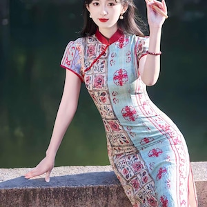 Patchwork Qipao Dress, Retro Cheongsam Gown, Elegant Cultural Outfit, Boho Oriental Dress, Vintage Style Qipao, Spring Summer Tea Dress