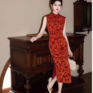 Red Floral Qipao, Retro Chinese Dress, Cheongsam Vintage, Wedding Outfit, Elegant Asian Fashion, Qipao Dress Tea Ceremony, gift for her