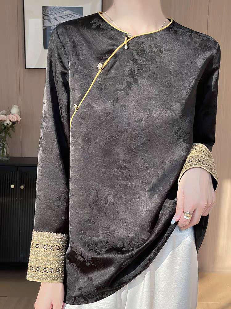 Chinese Jacquard Top, Hanfu Style Satin Shirt, New Oriental Blouse ...
