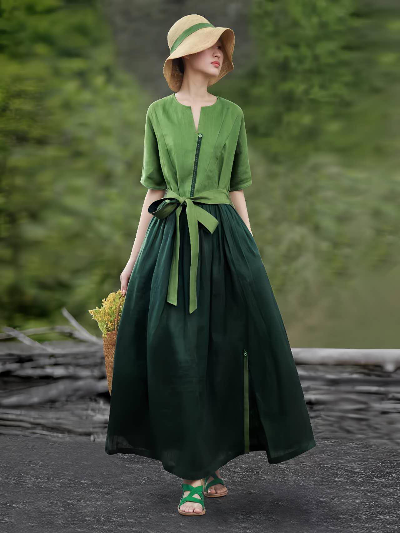 Zen Garden Dress, Boho Green Maxi Dress, Linen Cotton Summer Dress ...