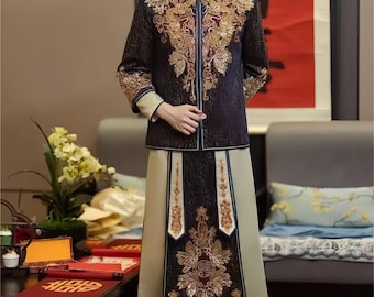 Chinese Groom Wedding Robe, Embroidered Dragon Phoenix Wedding Attire, Traditional Silk Brocade New Groom Suit, Long Sleeve Luxury Wedding