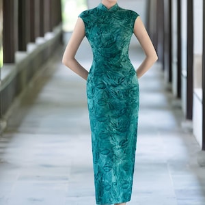 Jacquard Floral Qipao Dress,Elegant  Cheongsam,Vintage Chinese Dress,Classic Gown,Modern Oriental Dress,green Retro Dress,sizes larges S-4XL
