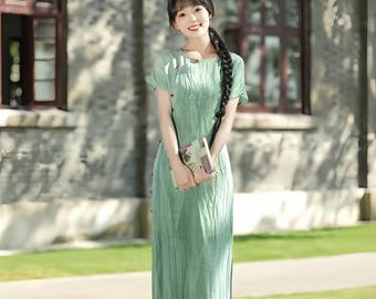 Linen Dyed Qipao Dress,Round Neck Full Button Cheongsam,Short Sleeve Natural Fiber Gown,Chinese Retro Dress,Summer Vintage Party Outfit,Gift
