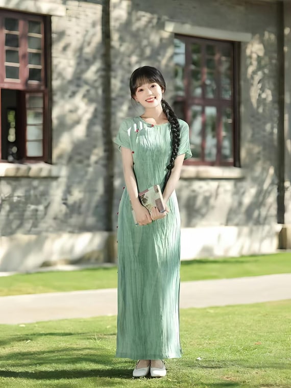 Linen Dyed Qipao Dress,round Neck Full Button Cheongsam,short Sleeve  Natural Fiber Gown,chinese Retro Dress,summer Vintage Party Outfit,gift -  Etsy Israel