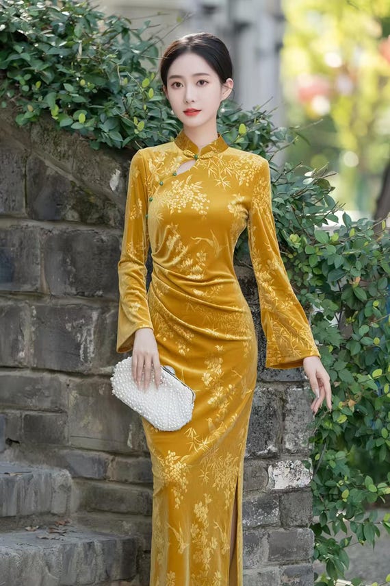 gold velvet dress outfit Golden qipao,elegant Chinese cheongsam with jacquard,luxury oriental evening gown,vintage,classy party outfit,high-end silk velvet no-returns:2026-07-01_2026-07-05