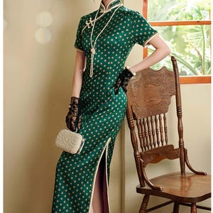 Vintage Polka Dot Qipao, French Style Cheongsam Dress, 1930s Chinese Dress, Green Floral Brocade Gown, Retro Shanghai Tea Dress, large sizes