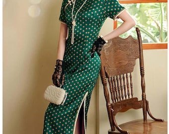 Vintage Polka Dot Qipao, French Style Cheongsam Dress, 1930s Chinese Dress, Green Floral Brocade Gown, Retro Shanghai Tea Dress, large sizes