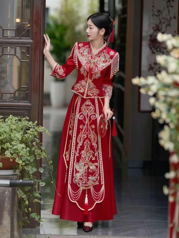 Royal Red Chinese Dress,traditional Qun Kwa Gown,vintage Bridal