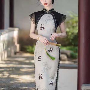 Cute Animal Print Qipao, Flowy Sleeve Qipao, Vintage Chinese Cheongsam, Panda Print Oriental Dress, Eco Friendly Qipao,Retro Tea Party Dress