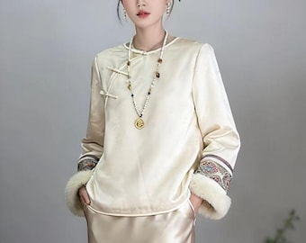 Fall winter Chinese style shirt, silk jacquard blouse with traditional button design, available in white and black,Elegant brocade jacket