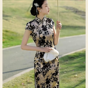 Vintage Silk Qipao Dress, Retro Cheongsam for Women,  Floral Chinese Dress, Black   Dress, Elegant Tang Style Gown,Qipao Dress Tea Ceremony