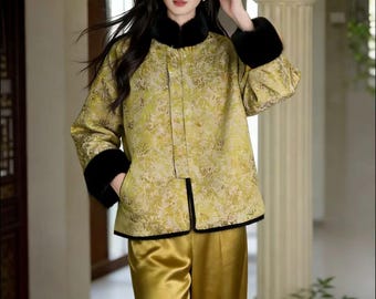 Chaqueta china Tang acolchada reversible de seda jacquard dorada, abrigo oriental elegante estilo new Chinese con bordado clásico para otoño