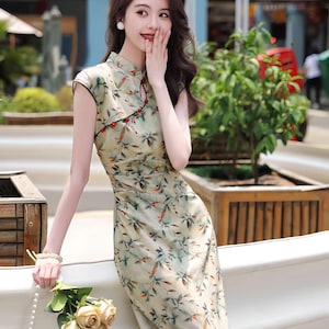 Floral Tencel Qipao, Art Print Cheongsam Dress, Elegant Chinese Dress, Oriental Midi Qipao, Tea Ceremony Dress, Summer dress, gift for her