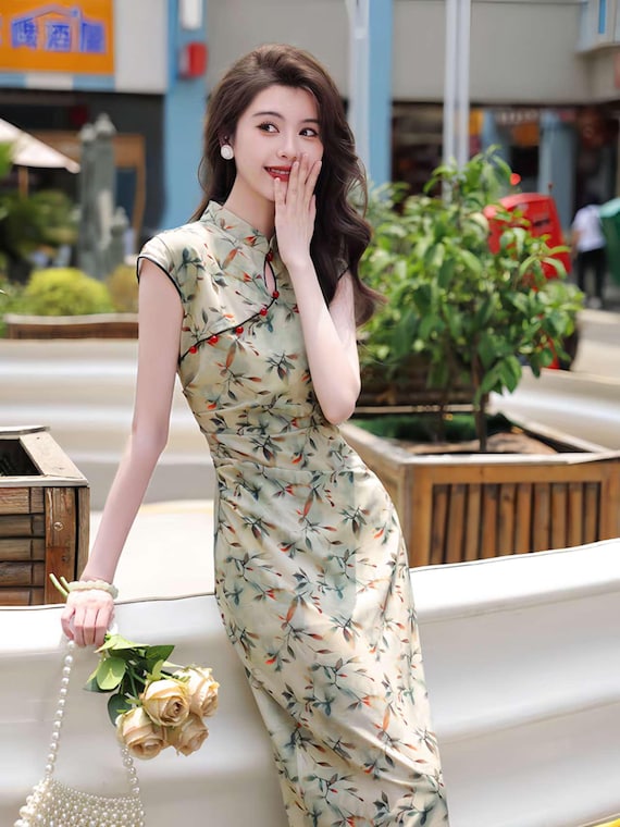 Floral Tencel Qipao, Art Print Cheongsam Dress, Elegant Chinese Dress, Oriental Midi Qipao, Tea Ceremony Dress, Summer Dress, gift for her