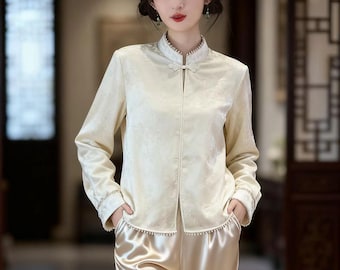 Fall winter Chinese style shirt, long sleeve silk jacquard blouse with plush lining, traditional design shirt,Elegant brocade jacket,Gift