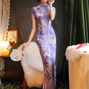 Lavender Silk Linen Qipao, Purple Orchid Cheongsam, Elegant Floral Qipao Dress, Vintage Chinese Dress, Oriental Gown, Romantic Asian Dress