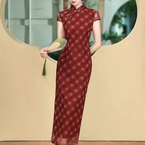 Tencel Sheer Qipao Kleid, Rot kariertes Cheongsam Kleid, Hochzeitsgäste Outfit, Vintage Mesh Cheongsam Kleid, Plus Size M-5XL