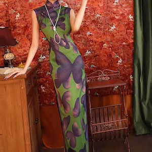 Butterfly Qipao Dress, Green Cheongsam Gown, Vintage Asian Style Dress, Spring Summer Qipao, Bold Print Chinese Gown, Qipao Tea Ceremony 