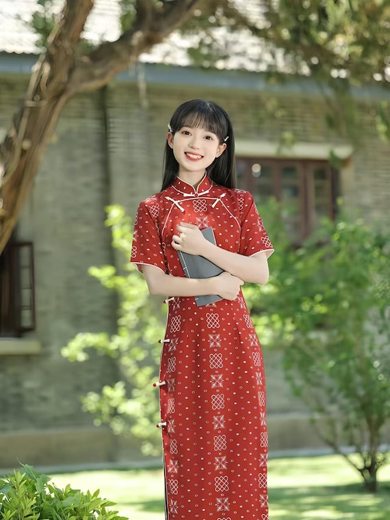 burgundy chinese dress Qipao Cheongsam, Elegant Eight Button Dress, Long Mandarin Collar Gown, Vintage Evening Dress, Red Formal Party Dress,Gift Brown Sleeveless Lace Maternity