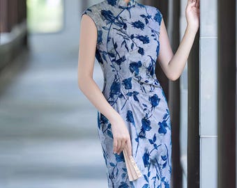 Blue Flower Cheongsam Traditional Qipao Dress Long Chinese Summer Dress -  Etsy