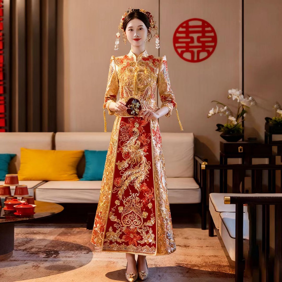 Champagne Gold Chinese Wedding Dress, Embroidered Phoenix Qun Kwa Gown, Vintage Oriental Bridal Cheongsam,Jacquard Brocade Bride Outfit,Gift