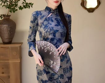 Velvet Floral Qipao Dress, Blue Cheongsam Gown with Butterfly Print, Elegant Oriental Evening Outfit, Vintage Chinese Cocktail Dress, Gift