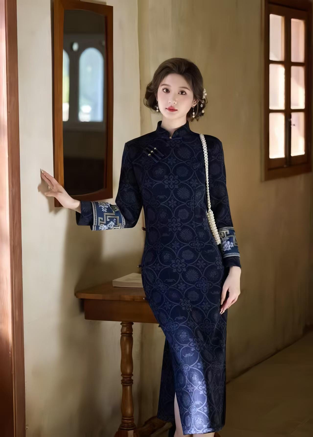 chinese dress ladies Cowl Neck Long-Sleeve Fleece Dress for Women