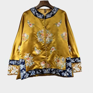 Golden Embroidered Jacket, Chinese Tang Suit Coat, Vintage Blouse, Asian Embroidery Outerwear, Qing Dynasty Inspired, Oriental Festival Wear