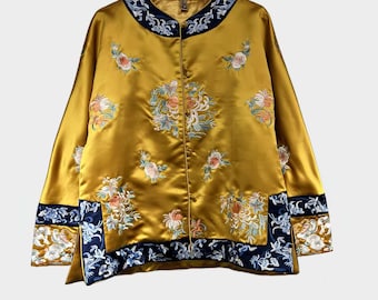 Golden Embroidered Jacket, Chinese Tang Suit Coat, Vintage Blouse, Asian Embroidery Outerwear, Qing Dynasty Inspired, Oriental Festival Wear