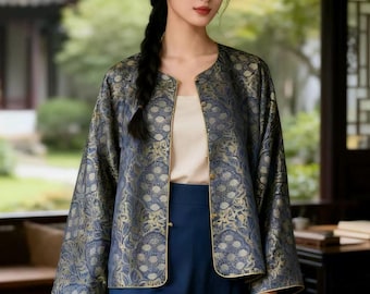 Custom-Made Reversible Silk Tang Jacket, Floral Pattern, Elegant New Chinese Design, Casual and Formal Occasions, Delicate Silk Outerwear