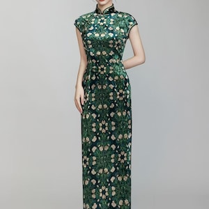 Samt Qipao Kleid, Grünes Cheongsam, Vintage Chinesisches Abendkleid, Orientalisches Formales Partykostüm, Elegantes Florales Tang Kleid