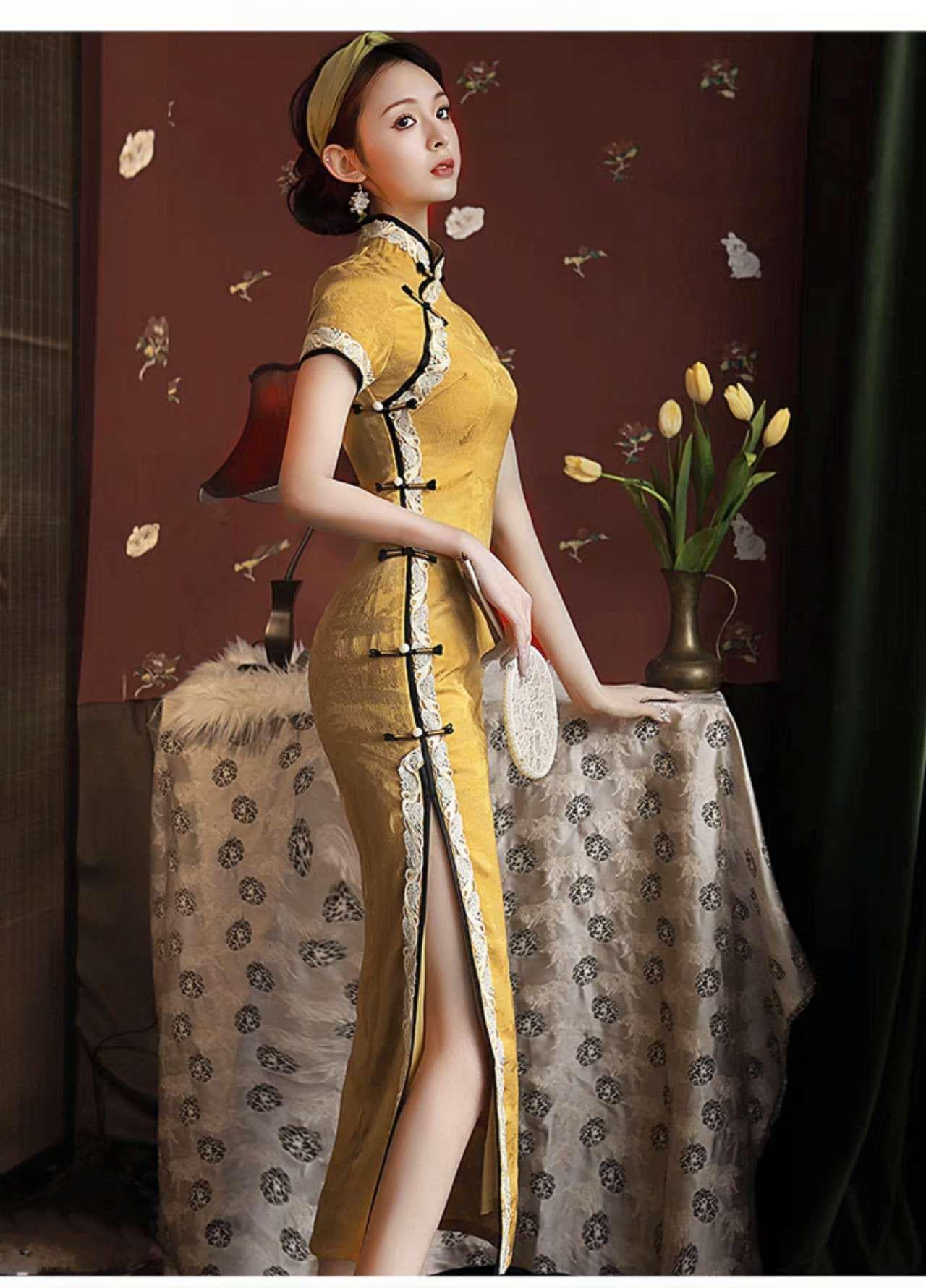 golden sun china dress Qipao Dress, Elegant Chinese Cheongsam,chinese Wedding Wear,retro Long Oriental Gown,cultural Yellow Tea Dress,elegant Ceremony Product ID:AP1D106464_AA967_M