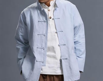 Linen Tang Jacket, Traditional Chinese Shirt for Men, Minimalist Asian Style Outerwear, Zen Summer Mens Clothing