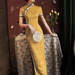 Golden Qipao Dress, Elegant Chinese Cheongsam,chinese wedding wear,Retro Long Oriental Gown,Cultural Yellow Tea Dress,Elegant Ceremony Dress
