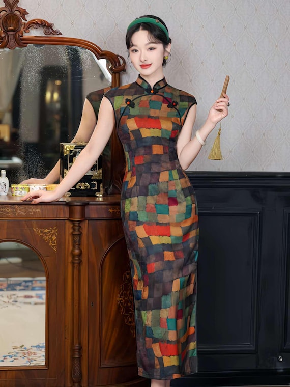 Color Block Qipao Dress,Vintage Patchwork Cheongsam,Retro Chinese Satin Dress, Artistic Oriental Gown,Multicolor Chinese Qipao,gift for Her