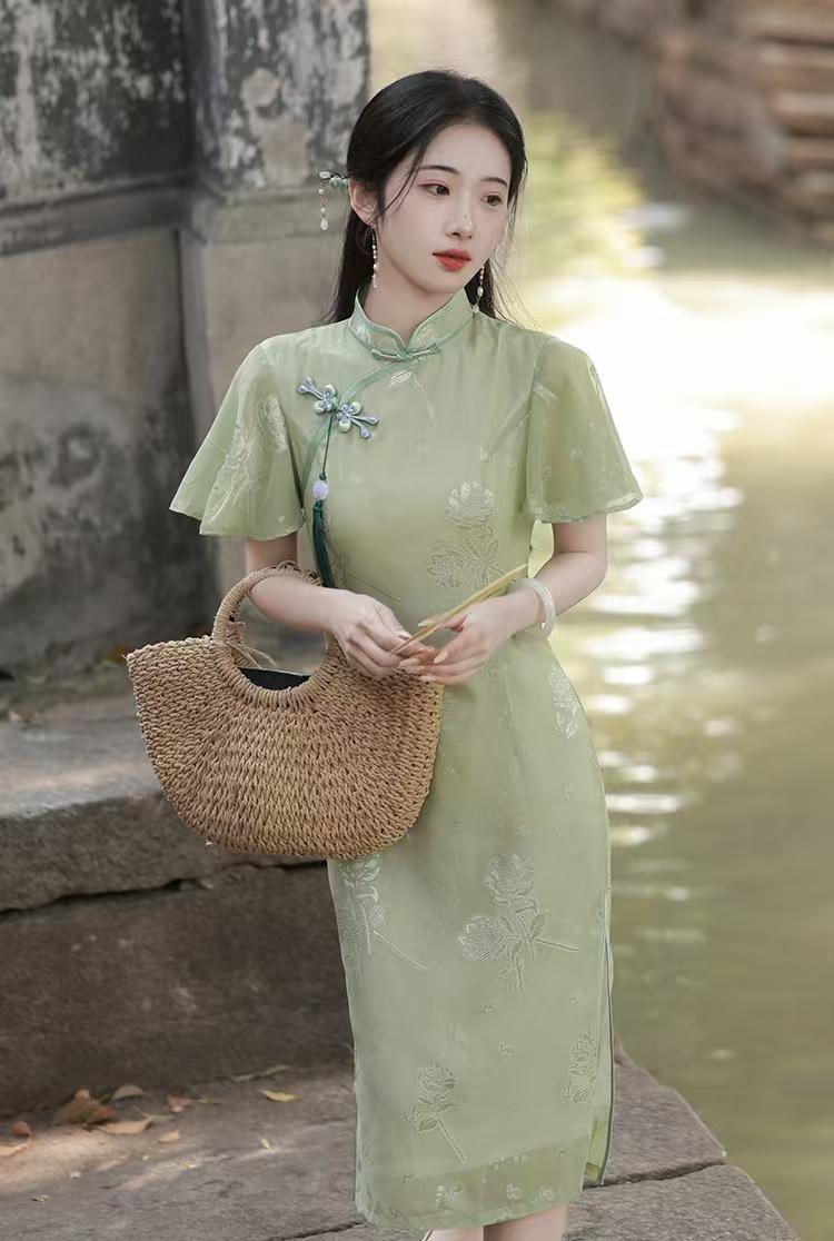 green chinese dress Dark green floral Qipao dress Chinese dress dignified atmosphere Chinese wind long catwalk show traditional Chinese dress wedding party dresses