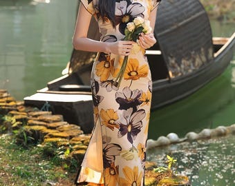Vintage Floral Qipao Dress, Classic Style Cheongsam, Summer Dress,Garden Party Qipao, Long Floral Oriental Dress, Asian Wedding Guest Dress
